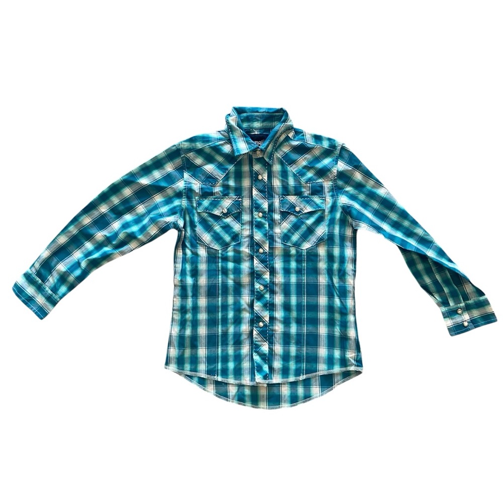 Boys MediumWrangler Blue Green and White Pearl Snap Long Sleeve Button Up Shirt